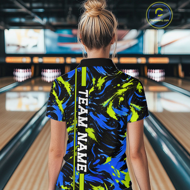 Custom Blue Green Camo Abstract Splash Bowling Shirts Bowling Team Jersey for Bowler