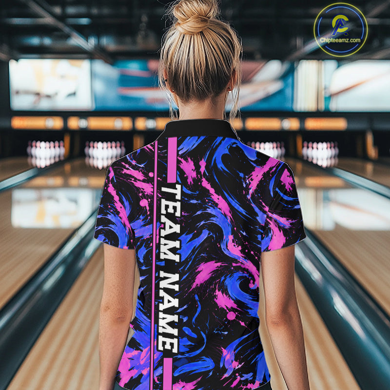 Custom Blue Pink Camo Abstract Splash Bowling Shirts Bowling Team Jersey for Bowler