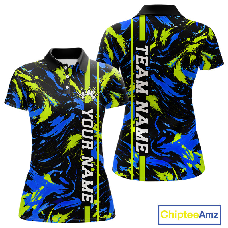 Custom Blue Green Camo Abstract Splash Bowling Shirts Bowling Team Jersey for Bowler