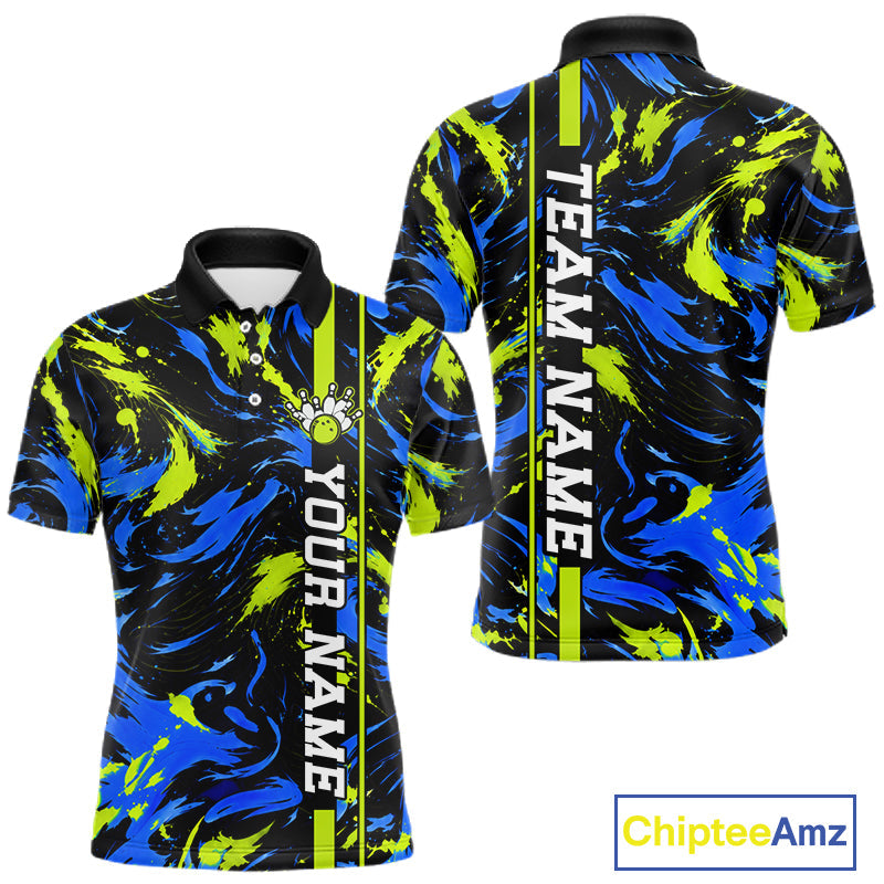 Custom Blue Green Camo Abstract Splash Bowling Shirts Bowling Team Jersey for Bowler