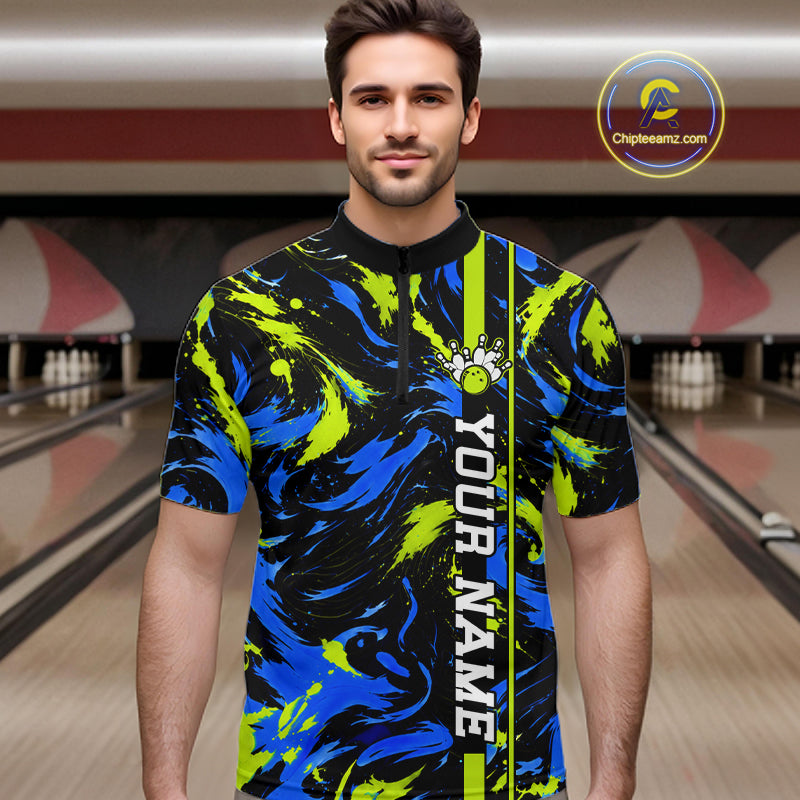 Custom Blue Green Camo Abstract Splash Bowling Shirts Bowling Team Jersey for Bowler
