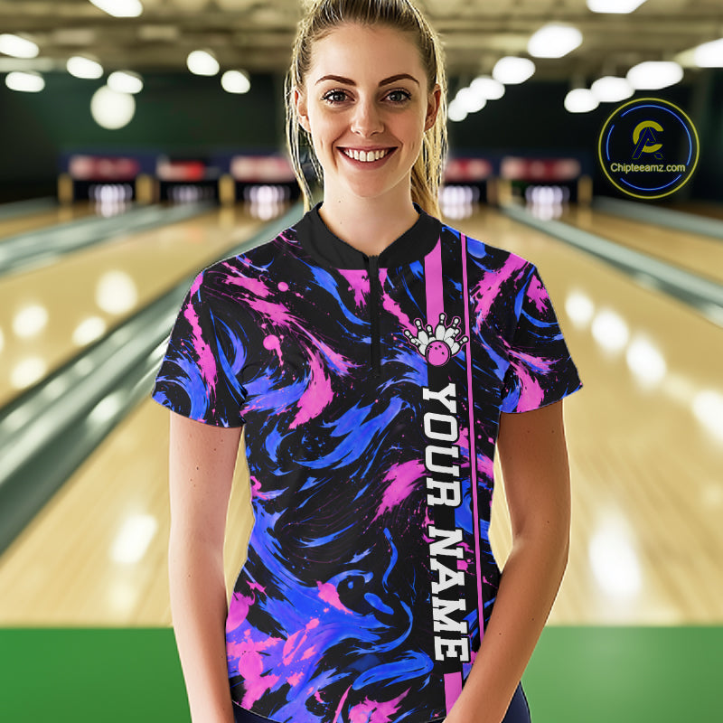 Custom Blue Pink Camo Abstract Splash Bowling Shirts Bowling Team Jersey for Bowler