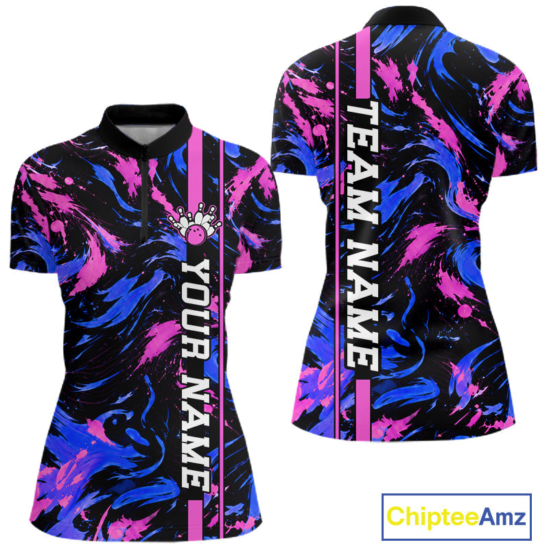Custom Blue Pink Camo Abstract Splash Bowling Shirts Bowling Team Jersey for Bowler