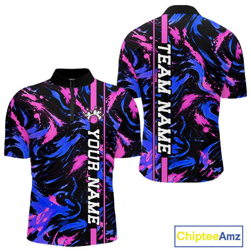 Custom Blue Pink Camo Abstract Splash Bowling Shirts Bowling Team Jersey for Bowler