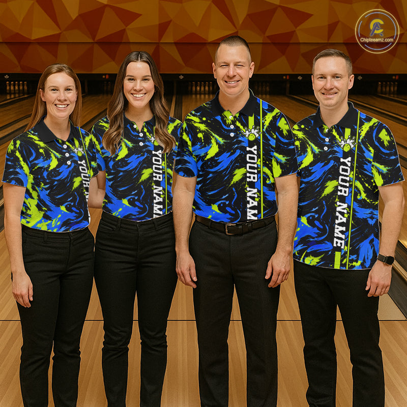 Custom Blue Green Camo Abstract Splash Bowling Shirts Bowling Team Jersey for Bowler