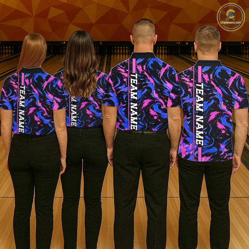 Custom Blue Pink Camo Abstract Splash Bowling Shirts Bowling Team Jersey for Bowler
