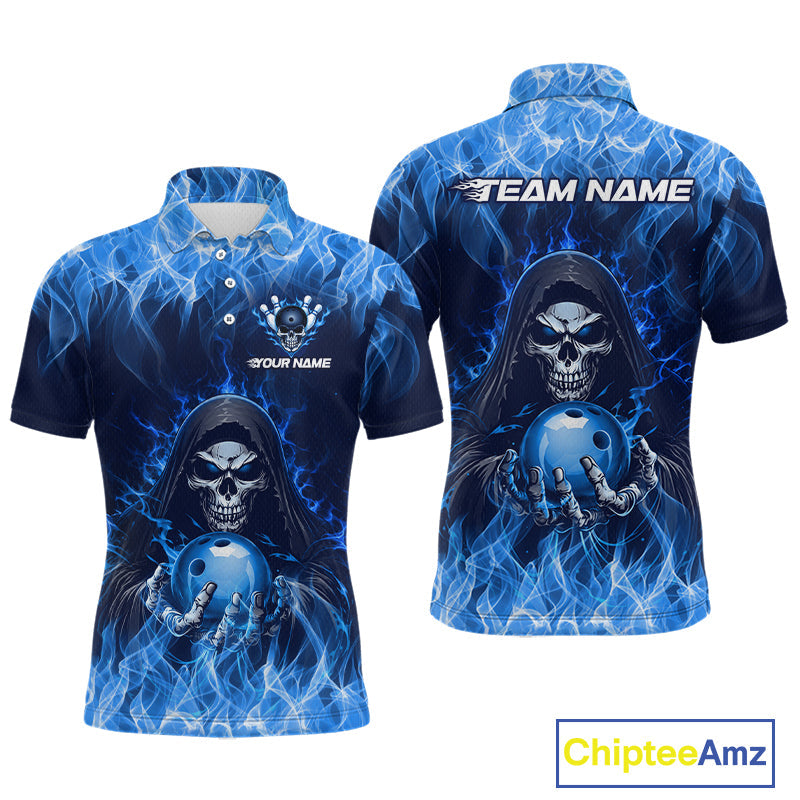 Custom Blue Flame Grim Reaper Bowling Shirts Bowling Team Jerseys Bowling League