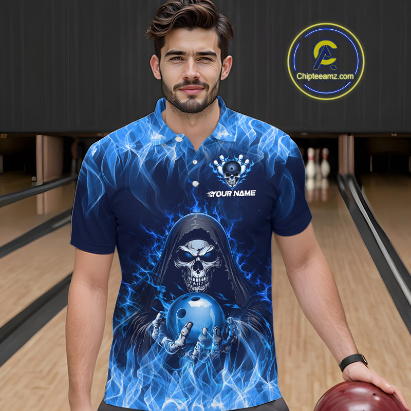 Custom Blue Flame Grim Reaper Bowling Shirts Bowling Team Jerseys Bowling League