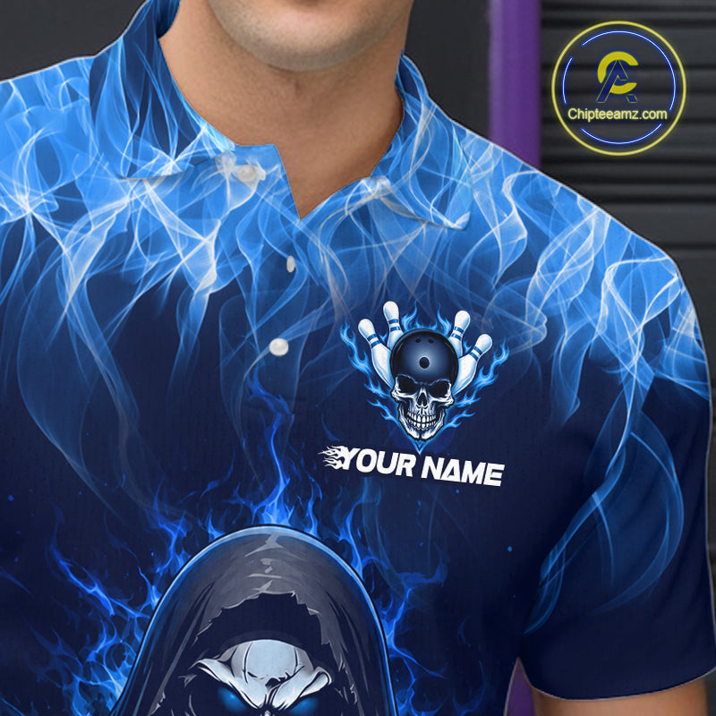 Custom Blue Flame Grim Reaper Bowling Shirts Bowling Team Jerseys Bowling League