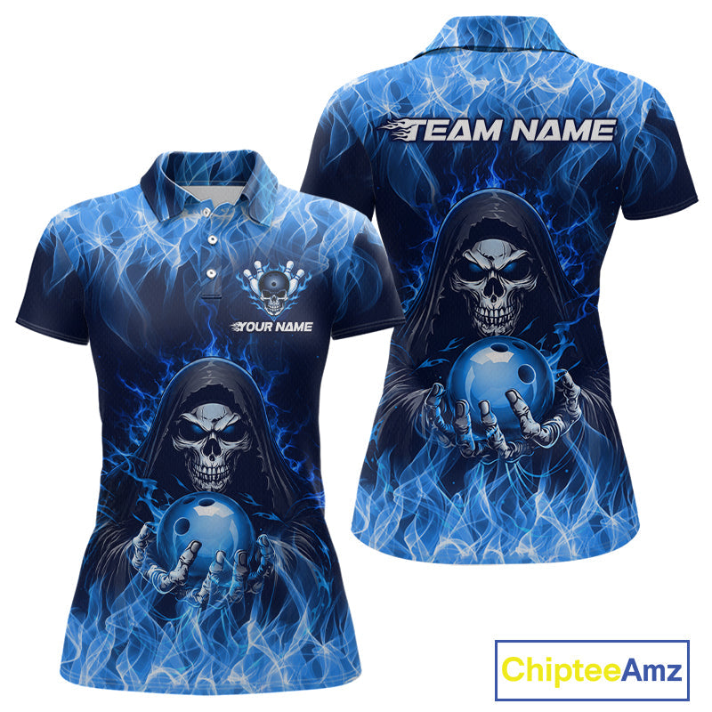 Custom Blue Flame Grim Reaper Bowling Shirts Bowling Team Jerseys Bowling League