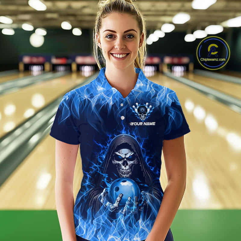 Custom Blue Flame Grim Reaper Bowling Shirts Bowling Team Jerseys Bowling League