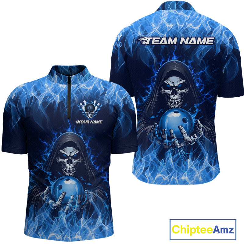 Custom Blue Flame Grim Reaper Bowling Shirts Bowling Team Jerseys Bowling League