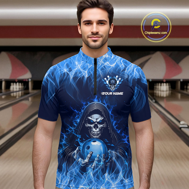 Custom Blue Flame Grim Reaper Bowling Shirts Bowling Team Jerseys Bowling League