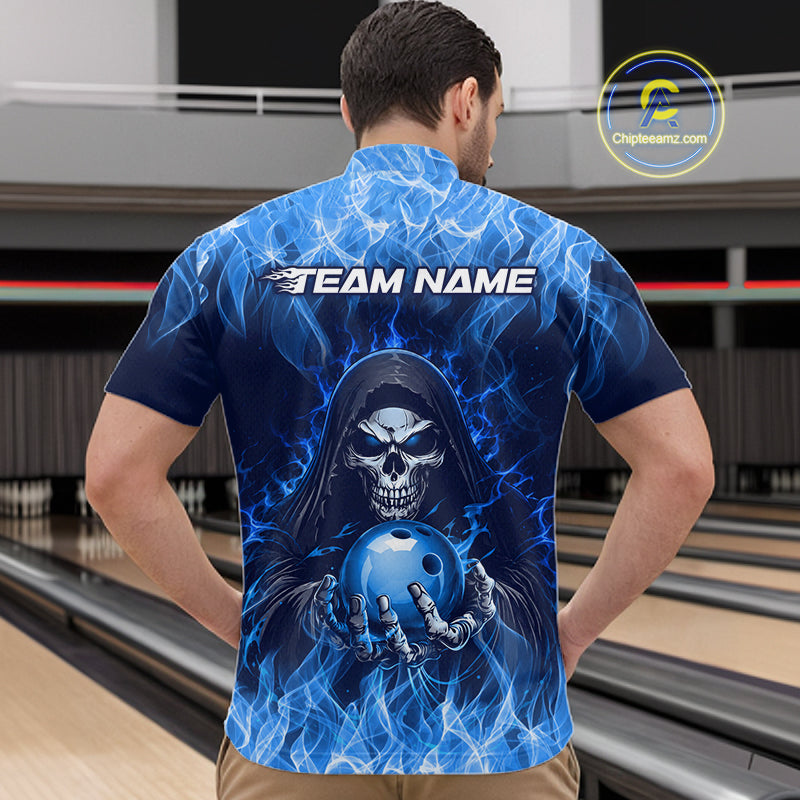 Custom Blue Flame Grim Reaper Bowling Shirts Bowling Team Jerseys Bowling League