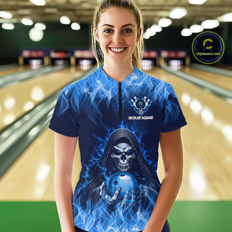 Custom Blue Flame Grim Reaper Bowling Shirts Bowling Team Jerseys Bowling League