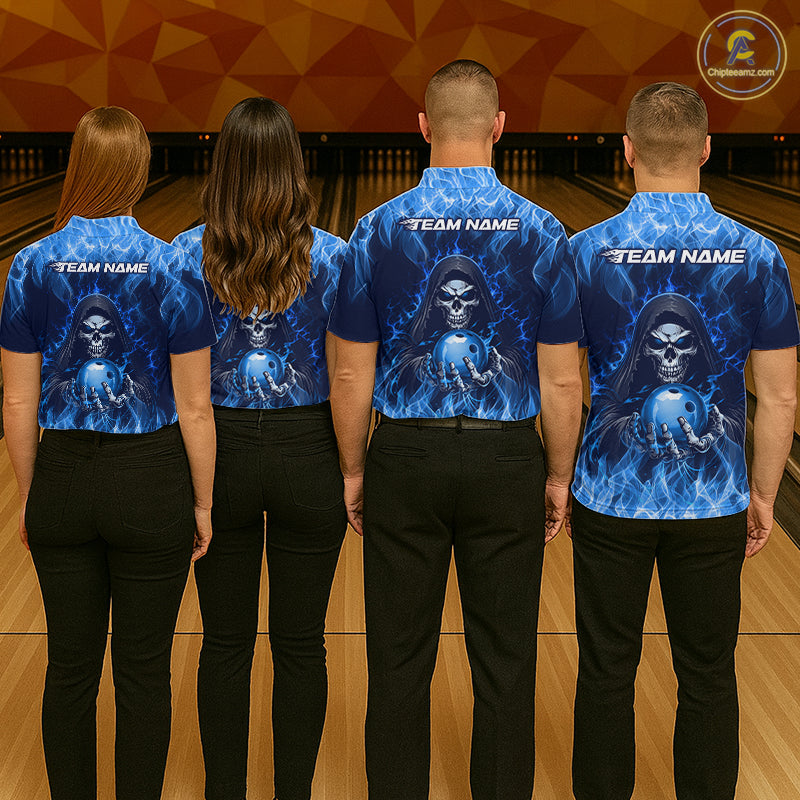 Custom Blue Flame Grim Reaper Bowling Shirts Bowling Team Jerseys Bowling League