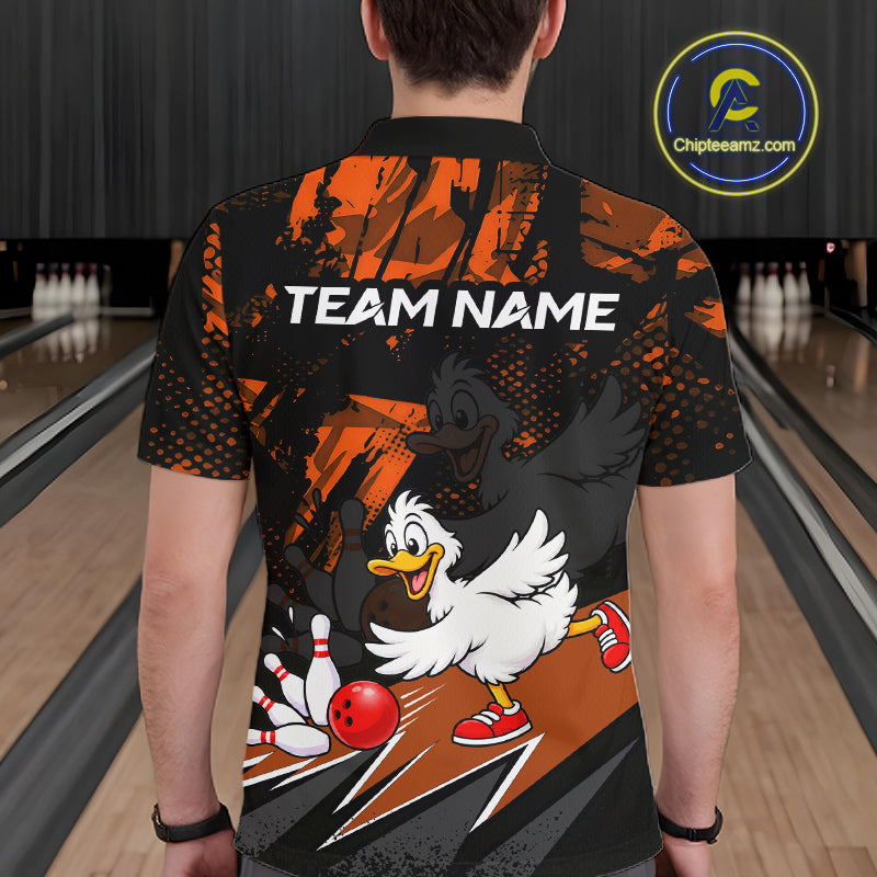 Custom Orange Funny Duck Bowling Team Shirts Bowling League Shirts Polo & 1/4 Zip