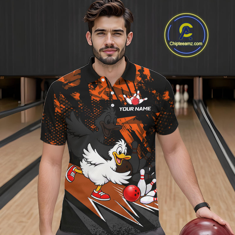 Custom Orange Funny Duck Bowling Team Shirts Bowling League Shirts Polo & 1/4 Zip
