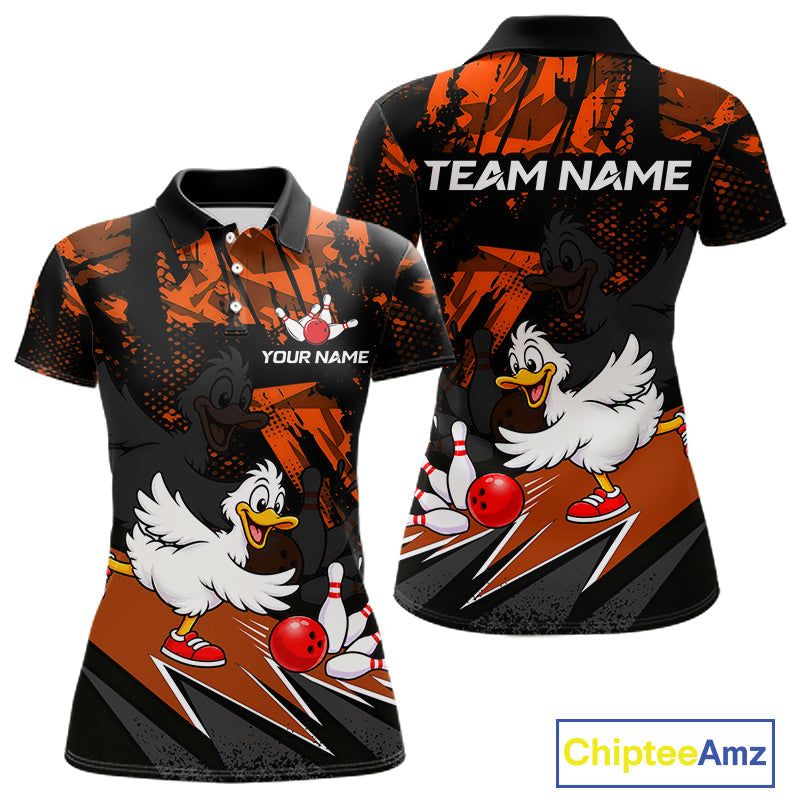 Custom Orange Funny Duck Bowling Team Shirts Bowling League Shirts Polo & 1/4 Zip