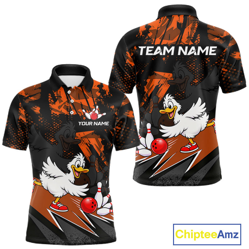 Custom Orange Funny Duck Bowling Team Shirts Bowling League Shirts Polo & 1/4 Zip