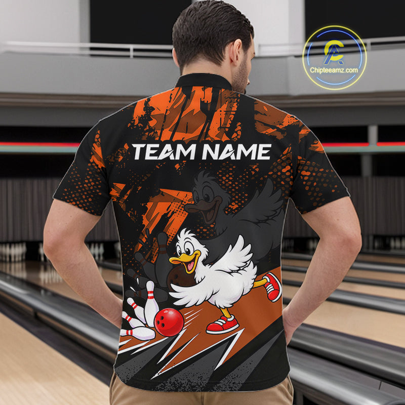 Custom Orange Funny Duck Bowling Team Shirts Bowling League Shirts Polo & 1/4 Zip