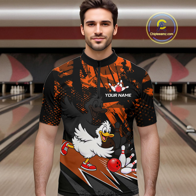 Custom Orange Funny Duck Bowling Team Shirts Bowling League Shirts Polo & 1/4 Zip