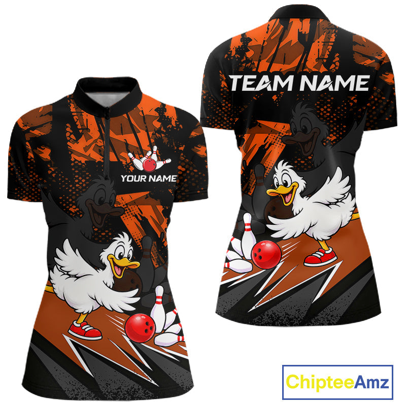 Custom Orange Funny Duck Bowling Team Shirts Bowling League Shirts Polo & 1/4 Zip