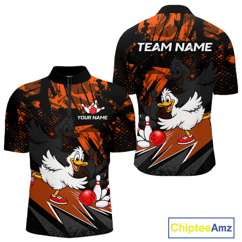 Custom Orange Funny Duck Bowling Team Shirts Bowling League Shirts Polo & 1/4 Zip