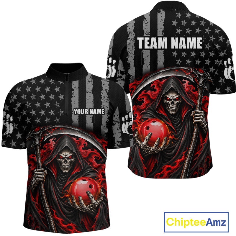 Custom US Flag Grim Reaper Bowling Jerseys Bowling Team Jerseys Bowling for Bowlers