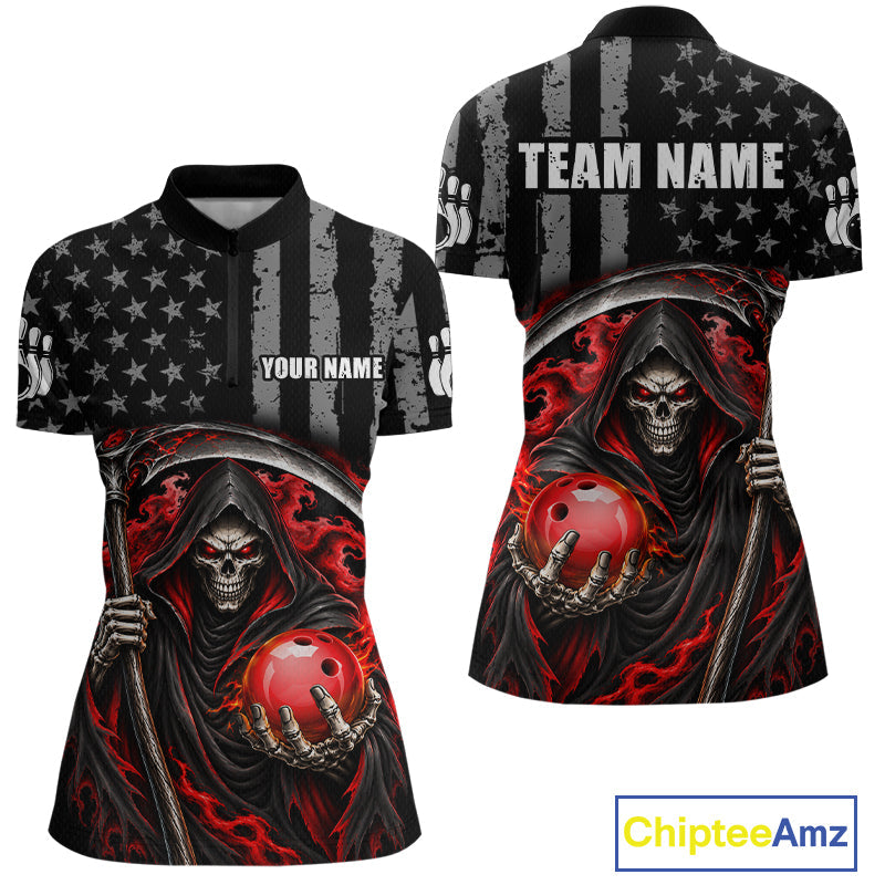 Custom US Flag Grim Reaper Bowling Jerseys Bowling Team Jerseys Bowling for Bowlers