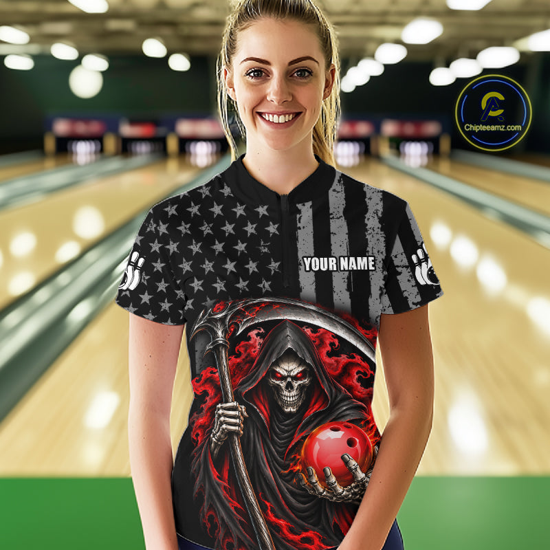 Custom US Flag Grim Reaper Bowling Jerseys Bowling Team Jerseys Bowling for Bowlers