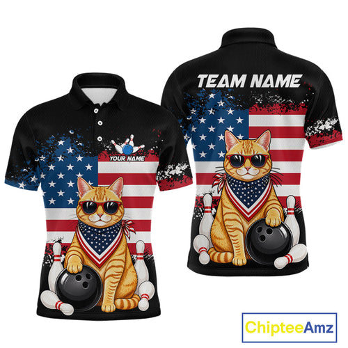 Custom Black US Flag Cat Bowling Shirt Bowling Team Shirts Bowling Tournament