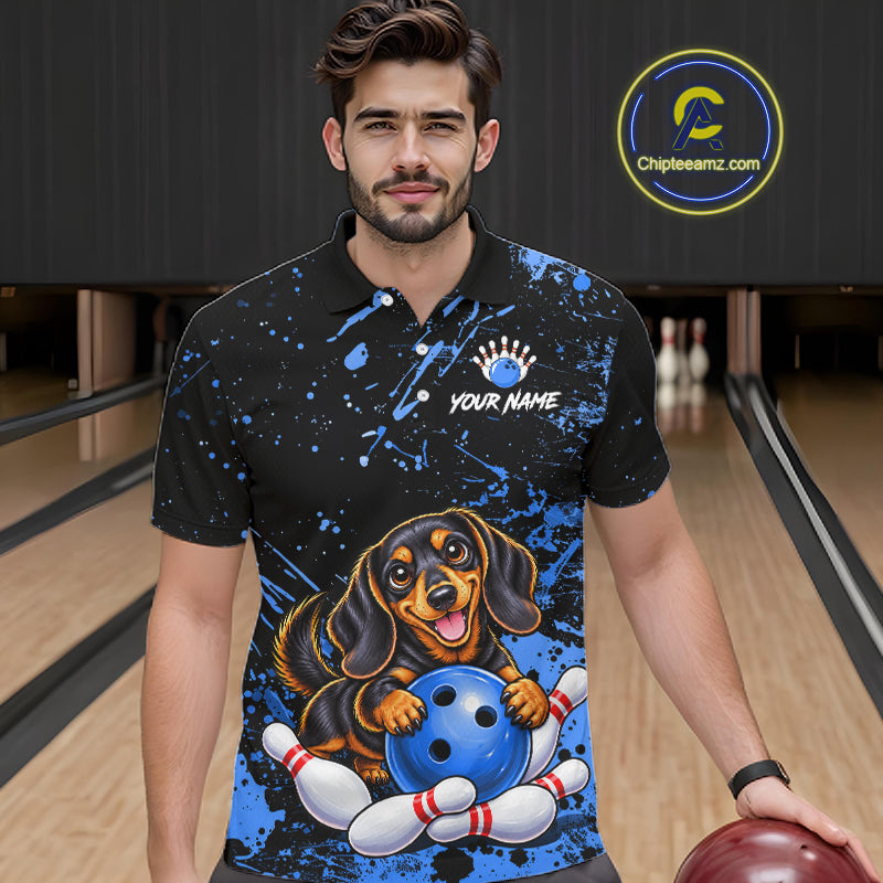 Blue Funny Dachshund Dog Custom Bowling Shirts Bowling Team Jersey Polo & 1/4 Zip