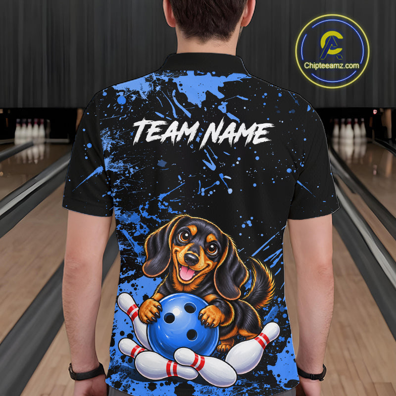 Blue Funny Dachshund Dog Custom Bowling Shirts Bowling Team Jersey Polo & 1/4 Zip