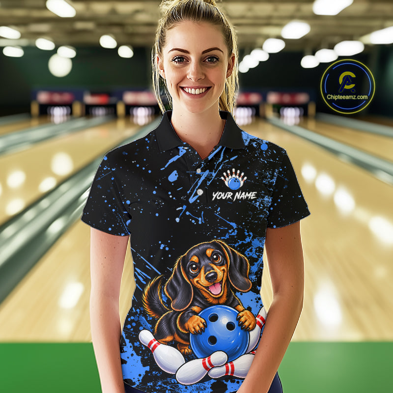 Blue Funny Dachshund Dog Custom Bowling Shirts Bowling Team Jersey Polo & 1/4 Zip