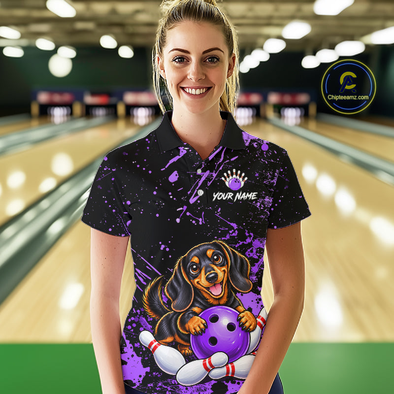 Purple Funny Dachshund Dog Custom Bowling Shirts Bowling Team Jersey Polo & 1/4 Zip