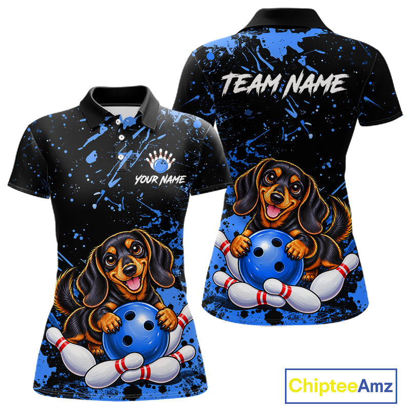 Blue Funny Dachshund Dog Custom Bowling Shirts Bowling Team Jersey Polo & 1/4 Zip