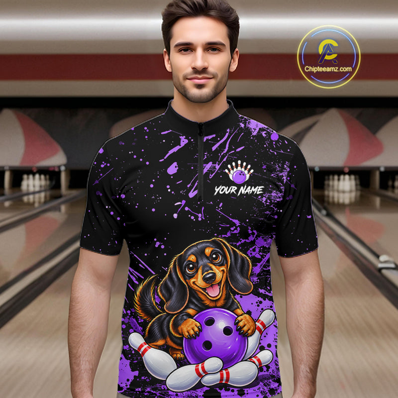 Purple Funny Dachshund Dog Custom Bowling Shirts Bowling Team Jersey Polo & 1/4 Zip