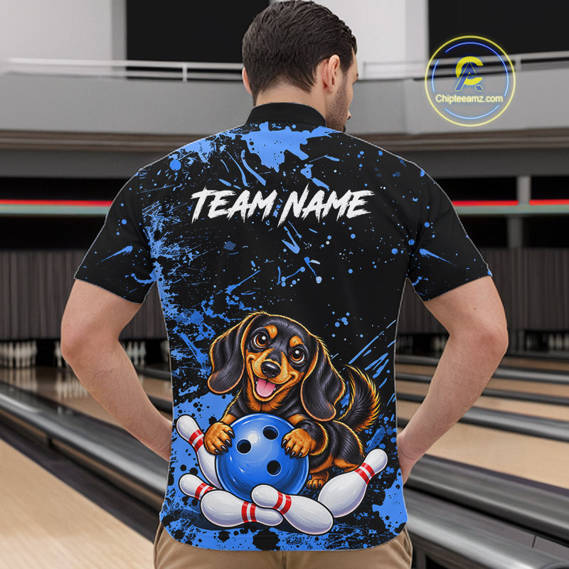 Blue Funny Dachshund Dog Custom Bowling Shirts Bowling Team Jersey Polo & 1/4 Zip