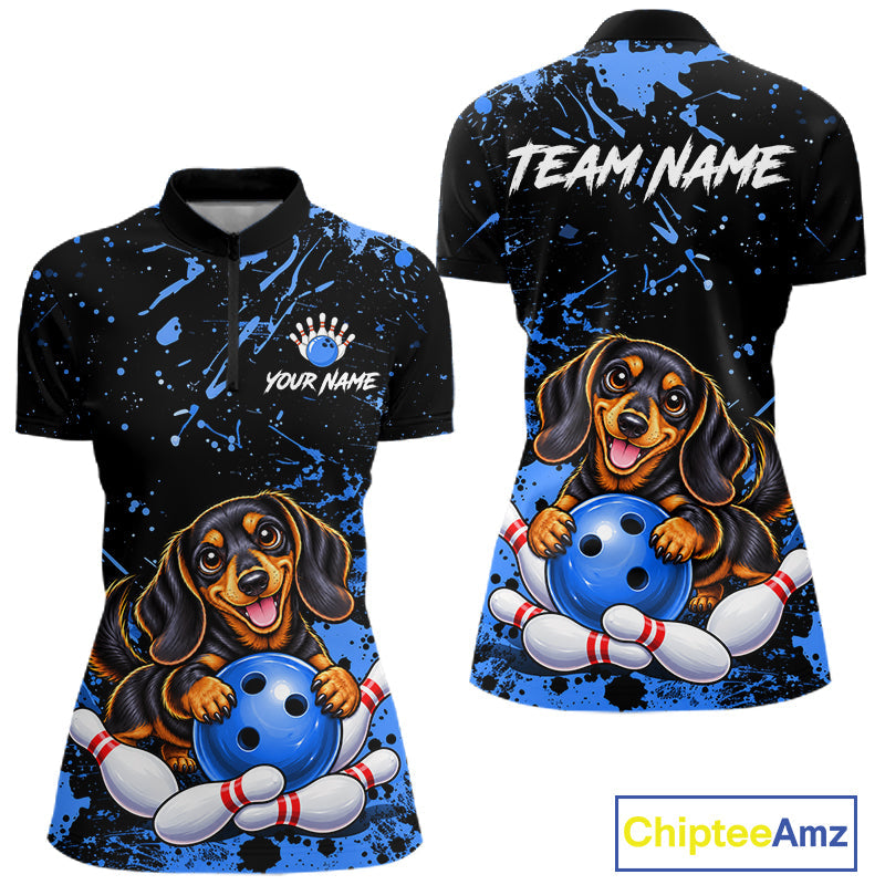 Blue Funny Dachshund Dog Custom Bowling Shirts Bowling Team Jersey Polo & 1/4 Zip