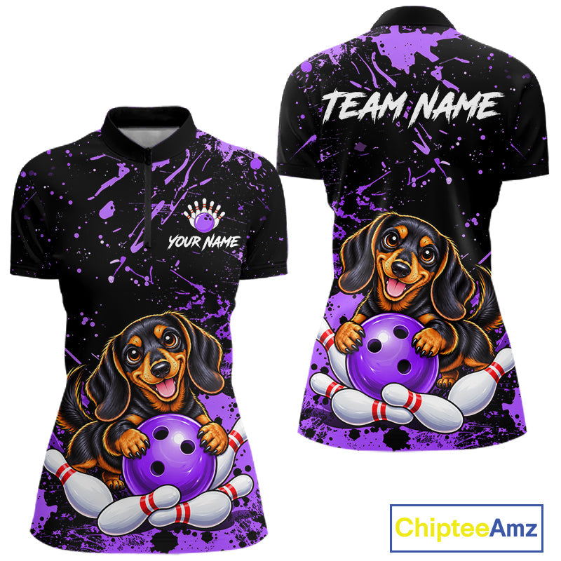 Purple Funny Dachshund Dog Custom Bowling Shirts Bowling Team Jersey Polo & 1/4 Zip