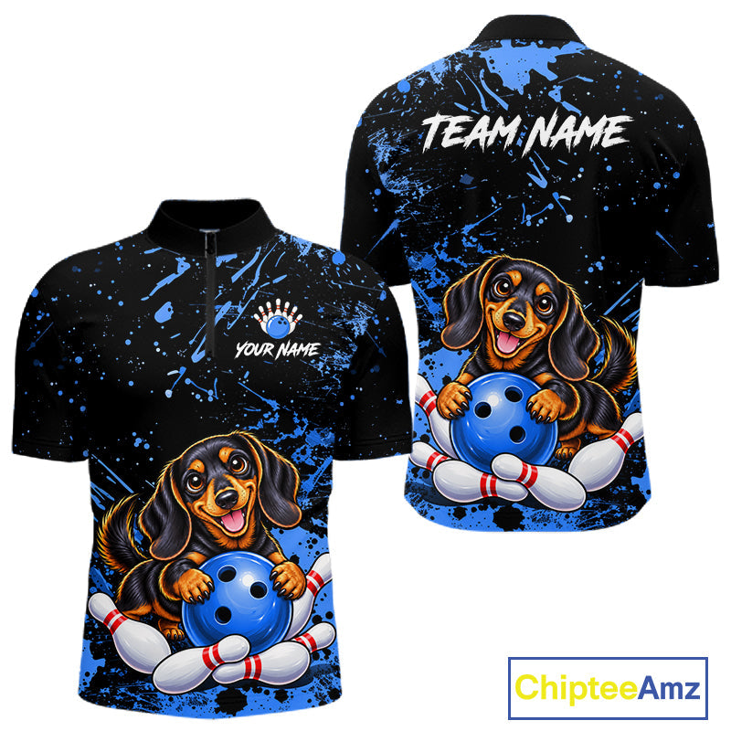 Blue Funny Dachshund Dog Custom Bowling Shirts Bowling Team Jersey Polo & 1/4 Zip