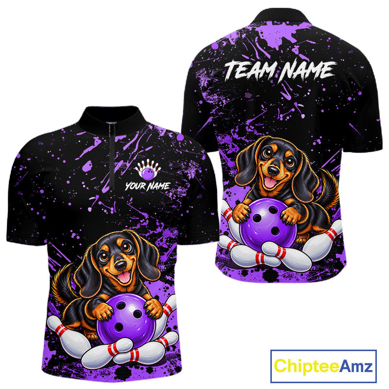 Purple Funny Dachshund Dog Custom Bowling Shirts Bowling Team Jersey Polo & 1/4 Zip