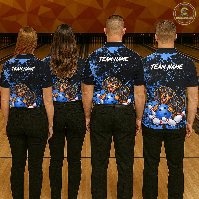 Blue Funny Dachshund Dog Custom Bowling Shirts Bowling Team Jersey Polo & 1/4 Zip