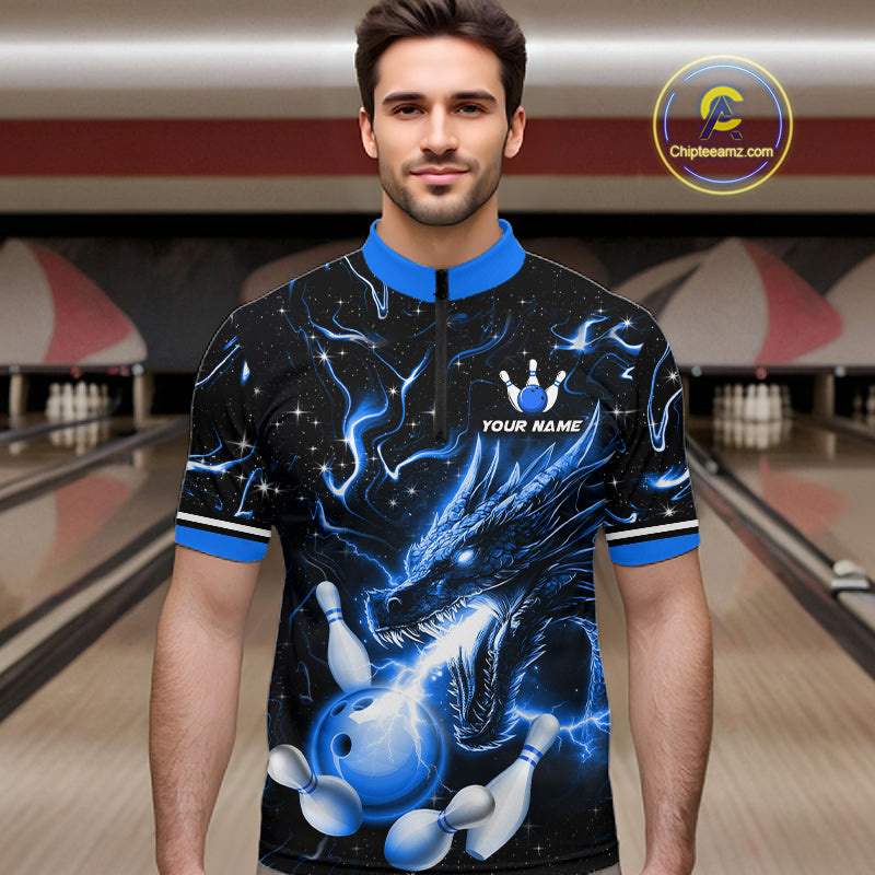 Blue Lightning Dragon Custom Bowling Shirts Bowling Team Jersey Polo & 1/4 Zip
