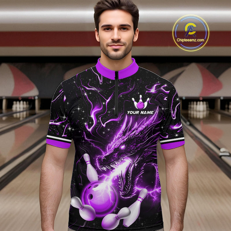 Purple Lightning Dragon Custom Bowling Shirts Bowling Team Jersey Polo & 1/4 Zip