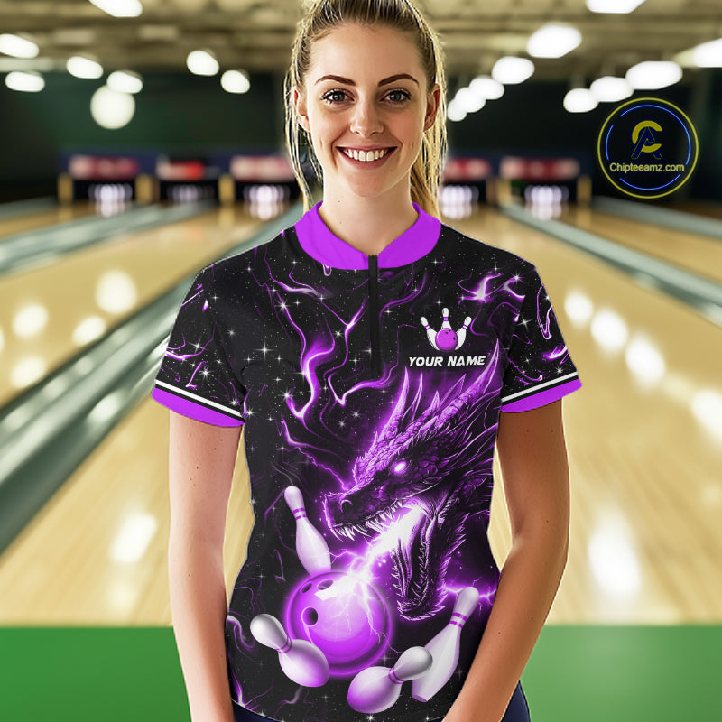 Purple Lightning Dragon Custom Bowling Shirts Bowling Team Jersey Polo & 1/4 Zip