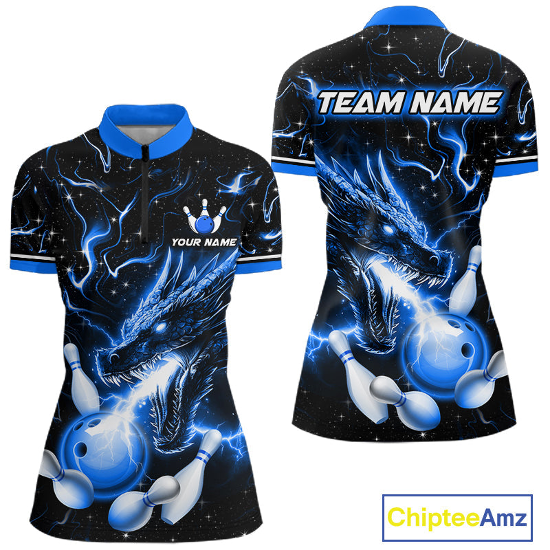 Blue Lightning Dragon Custom Bowling Shirts Bowling Team Jersey Polo & 1/4 Zip