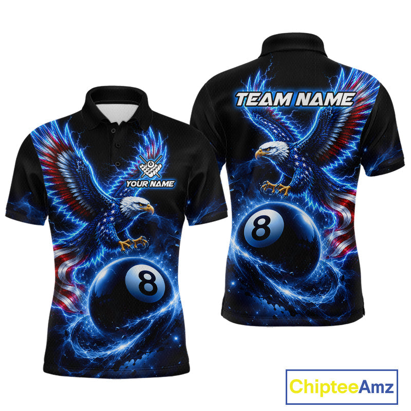 Custom Blue Lightning Eagle US Flag 8 Ball Billiard Shirts Billiard Team Jerseys