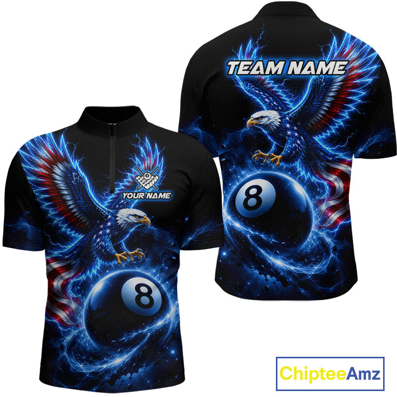 Custom Blue Lightning Eagle US Flag 8 Ball Billiard Shirts Billiard Team Jerseys